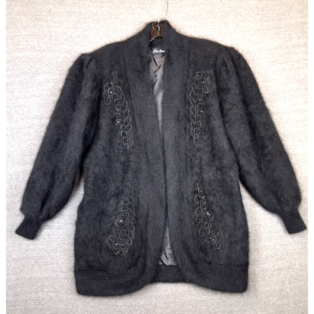 Lee Sands Womens Jacket L Black Anorga Wool Blend Embroidered Old Money Elevated